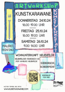 Artworkshop, Kunstkarawane, Donnerstag, 24.10.2024, 16-19 h, Freitag, 25.10.2024, 16 - 19 h, Samstag, 11 - 14 h. Wohnunterkunft Neuenfelder Fährdeich 80, 21129 Hamburg. Siebdruck, Screenprint. Kostenlos, for free. www.kunstkarawane.de